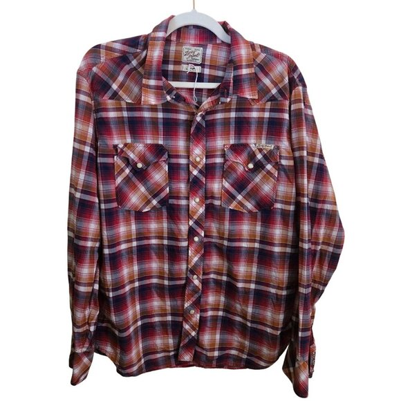 Lucky Brand Western Pearl Snap Red Plaid 100% Cotton Suatainable Shirt Size L - Picture 1 of 5